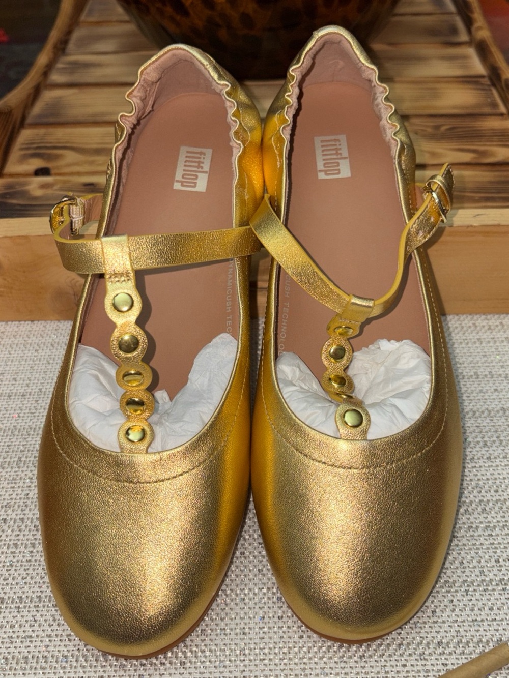 Fitflop Gold Metallic T-Strap Mary Jane Flats - Picture 4 of 8